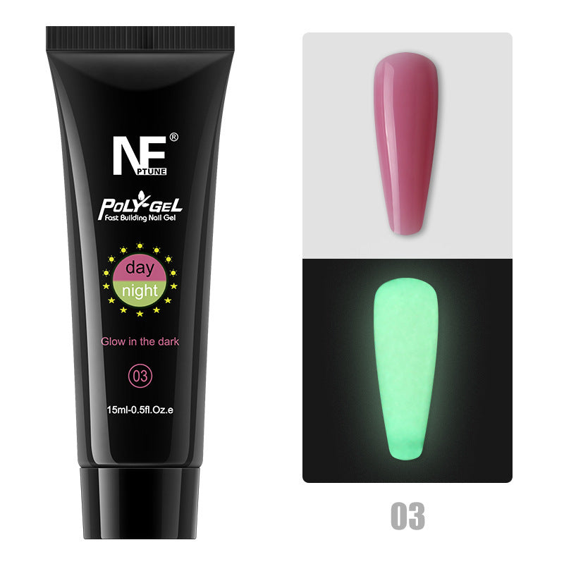 Luminous glow-in-the-dark Nail Polygel for faux nail extensions. Day/Night colors
