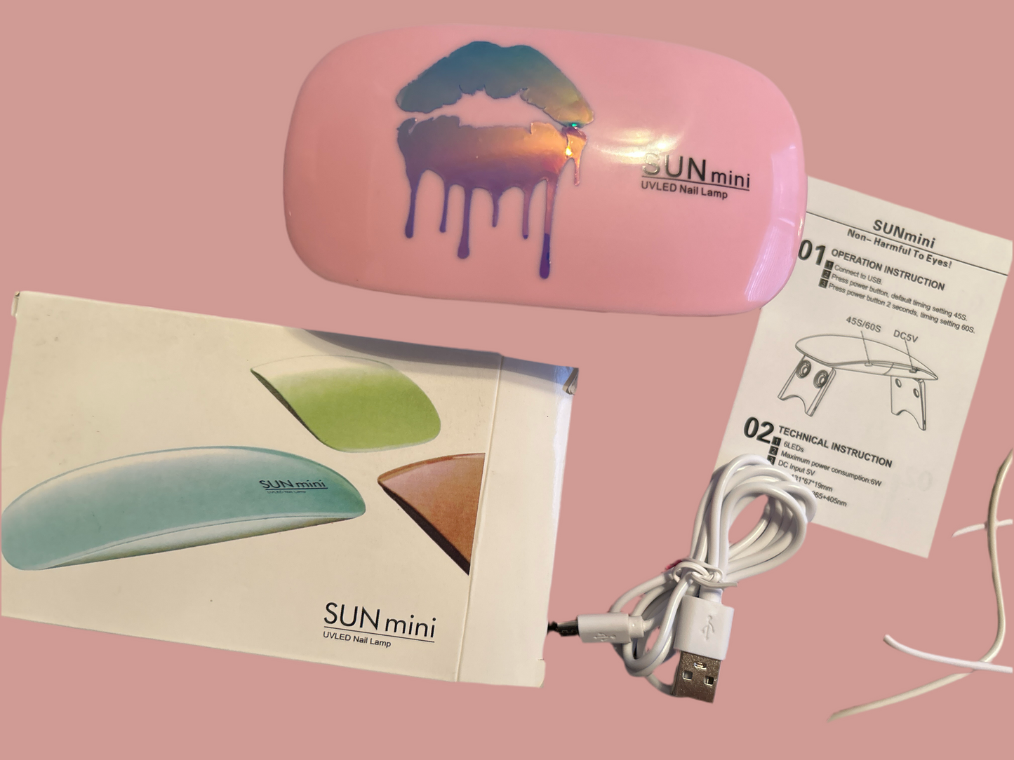 6 watt mini foldable nail lamps with power USB cord and kiss decal to decorate it with!