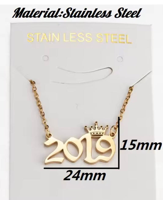 FAB birth year nameplate style necklaces 18 inch. Stainless steel plated.