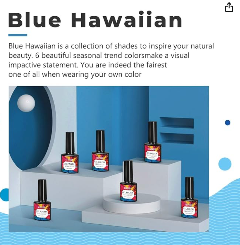 BLUE HAWAIIAN Premium set of 6 GEL Polish Nail Colors!  Gershion brand quality made gel polishes