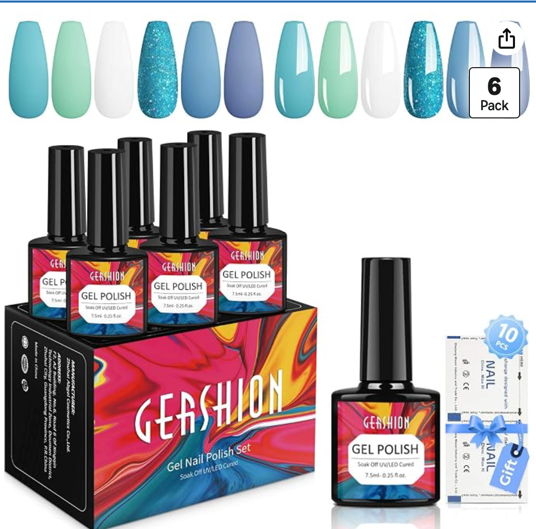 BLUE HAWAIIAN Premium set of 6 GEL Polish Nail Colors!  Gershion brand quality made gel polishes