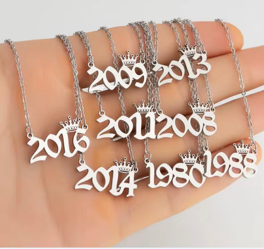 FAB birth year nameplate style necklaces 18 inch. Stainless steel plated.