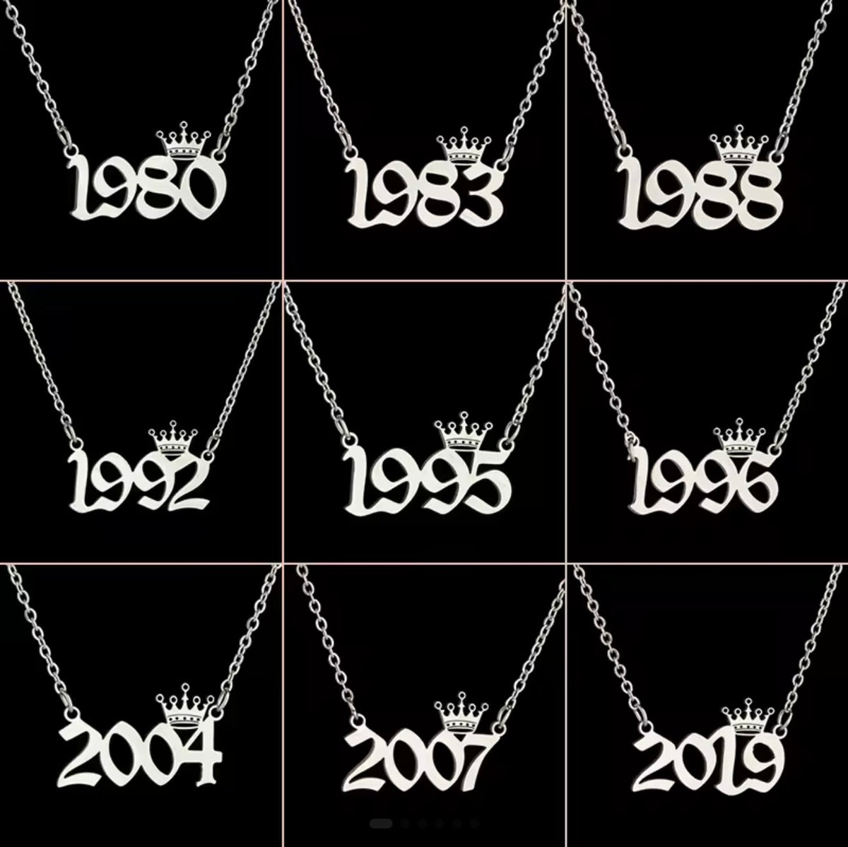 FAB birth year nameplate style necklaces 18 inch. Stainless steel plated.
