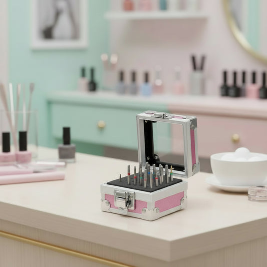 Pink and silver storage case with open lid on a white background
