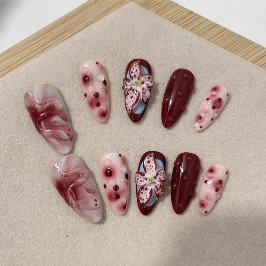Blooming Hand-painted Three-dimensional Carved Mid-length Manicure Wear Nail