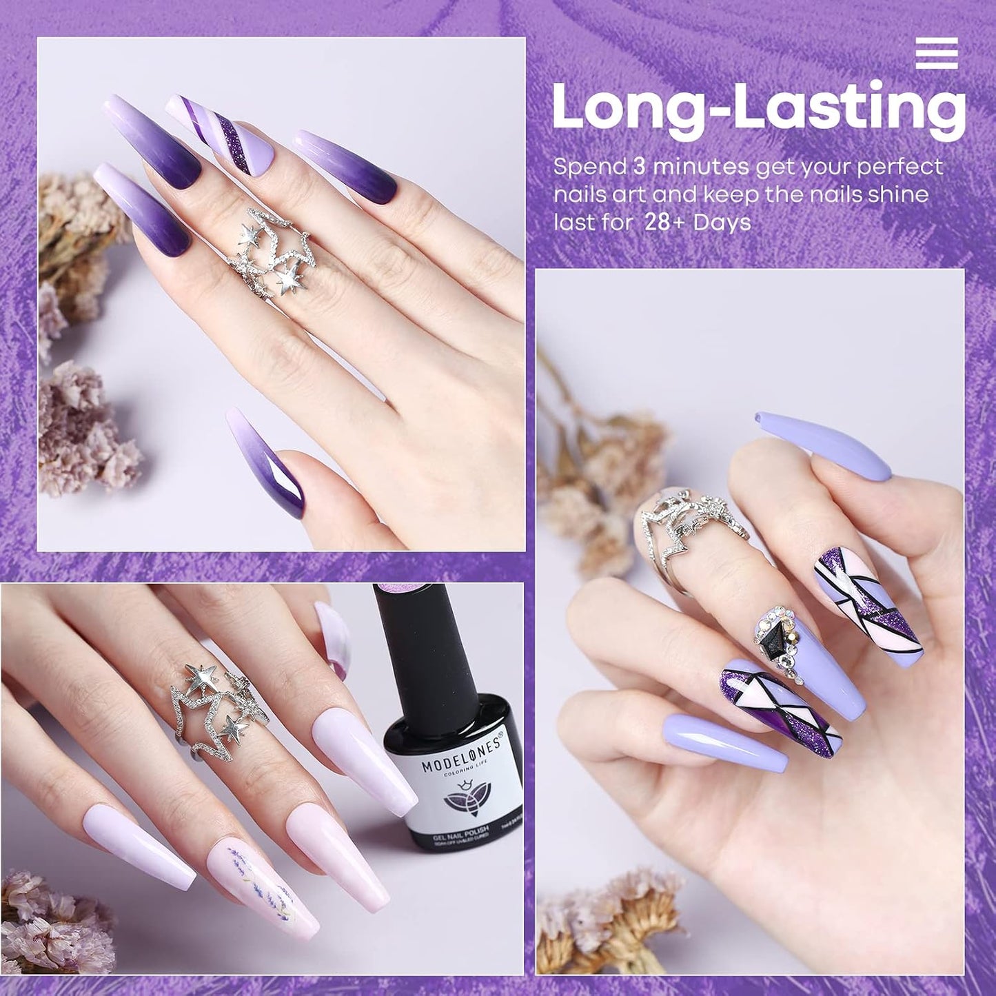 6 piece Gel Nail Polish Set in beautiful purple colors!