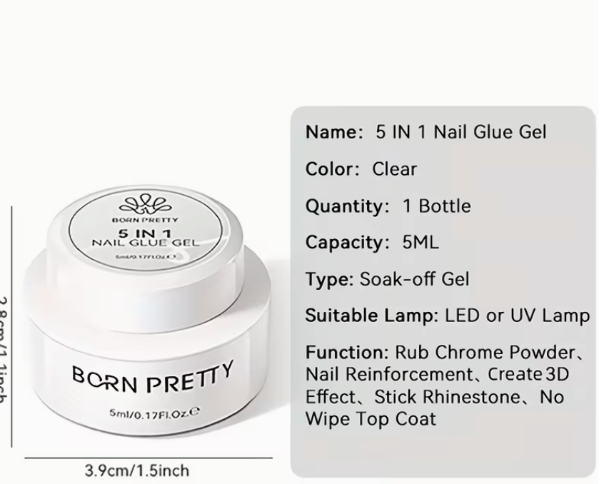 5 in 1 Clear Nail Glue Gel! 3D Gel, rhinestone glue, nail glue, and more uses! 5 ml bottle