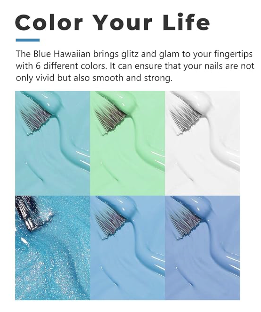 BLUE HAWAIIAN Premium set of 6 GEL Polish Nail Colors!  Gershion brand quality made gel polishes